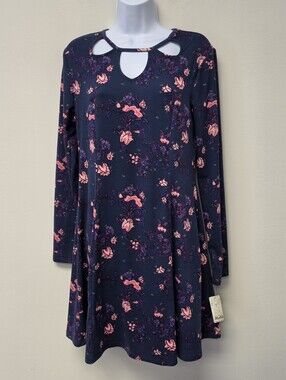 Mudd Floral Keyhole Fit Flare Long Sleeve Dress Navy Blue L